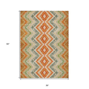 Homeroots 3' Geometric Beige Orange And Red Washable Area Rug For Indoor And Outdoor Spaces, Durable Design 3' X 5' Polyester 581521