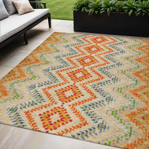 Homeroots 3' Geometric Beige Orange And Red Washable Area Rug For Indoor And Outdoor Spaces, Durable Design 5' X 8' Polyester 581522