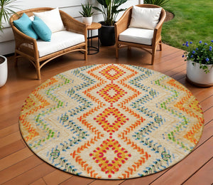 Homeroots 3' Geometric Beige Orange And Red Washable Area Rug For Indoor And Outdoor Spaces, Durable Design 8' Round Polyester 581523