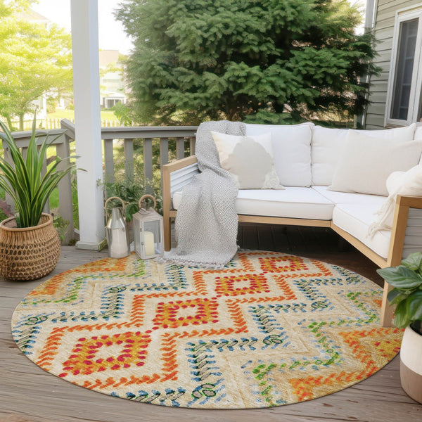 Homeroots 3' Geometric Beige Orange And Red Washable Area Rug For Indoor And Outdoor Spaces, Durable Design 8' Round Polyester 581523