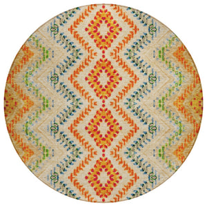 HomeRoots 5' Geometric Area Rug in Beige, Orange, and Red – Durable, Washable, Perfect for Indoor & Outdoor Use 8' Round 581523