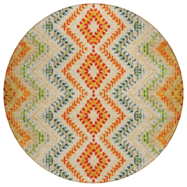 HomeRoots 5' Geometric Area Rug in Beige, Orange, and Red – Durable, Washable, Perfect for Indoor & Outdoor Use 8' Round 581523
