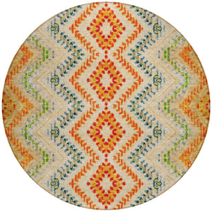 Homeroots 3' Geometric Beige Orange And Red Washable Area Rug For Indoor And Outdoor Spaces, Durable Design 8' Round Polyester 581523