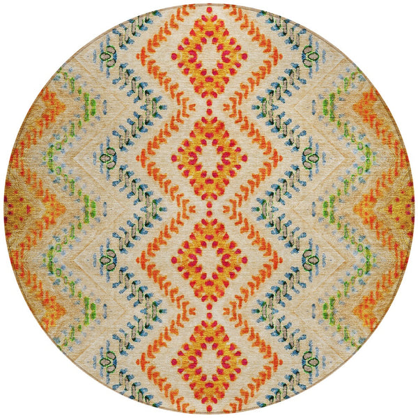 Homeroots 3' Geometric Beige Orange And Red Washable Area Rug For Indoor And Outdoor Spaces, Durable Design 8' Round Polyester 581523