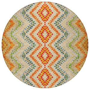 Homeroots 3' Geometric Beige Orange And Red Washable Area Rug For Indoor And Outdoor Spaces, Durable Design 8' Round Polyester 581523