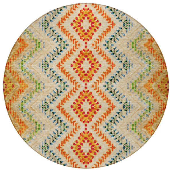 Homeroots 3' Geometric Beige Orange And Red Washable Area Rug For Indoor And Outdoor Spaces, Durable Design 8' Round Polyester 581523