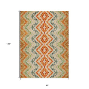 Homeroots 3' Geometric Beige Orange And Red Washable Area Rug For Indoor And Outdoor Spaces, Durable Design 8' X 10' Polyester 581524