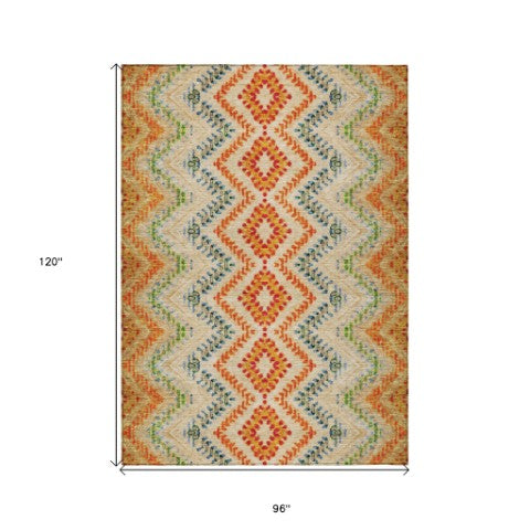 Homeroots 3' Geometric Beige Orange And Red Washable Area Rug For Indoor And Outdoor Spaces, Durable Design 8' X 10' Polyester 581524