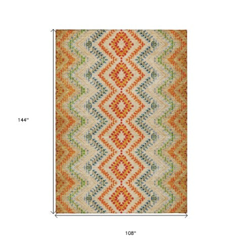 Homeroots 3' Geometric Beige Orange And Red Washable Area Rug For Indoor And Outdoor Spaces, Durable Design 9' X 12' Polyester 581525