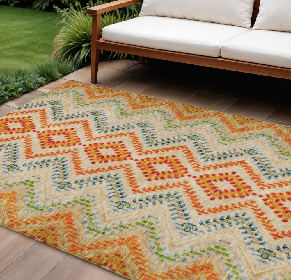 HomeRoots 5' Geometric Area Rug in Beige, Orange, and Red – Durable, Washable, Perfect for Indoor & Outdoor Use 10' X 14' 581526