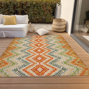 Homeroots 3' Geometric Beige Orange And Red Washable Area Rug For Indoor And Outdoor Spaces, Durable Design 10' X 14' Polyester 581526