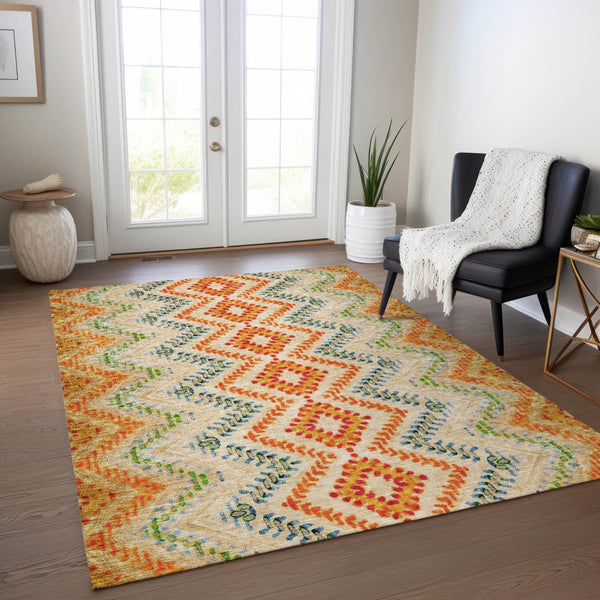 Homeroots 3' Geometric Beige Orange And Red Washable Area Rug For Indoor And Outdoor Spaces, Durable Design 10' X 14' Polyester 581526