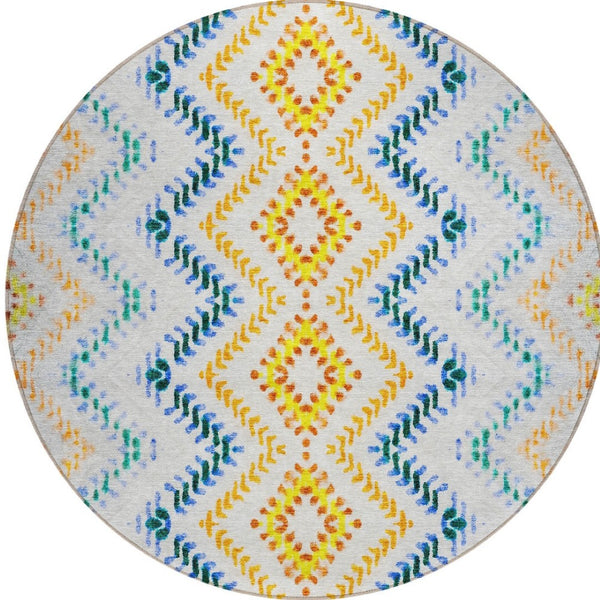 Homeroots 3' Geometric Beige Orange And Red Washable Area Rug For Indoor And Outdoor Spaces, Durable Design 8' Round Polyester 581529