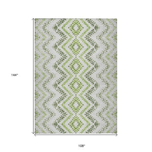 Homeroots 3' Stylish Green And Ivory Geometric Washable Area Rug For Indoor And Outdoor Spaces, Durable Design 9' X 12' Polyester 581543