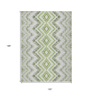 Homeroots 3' Stylish Green And Ivory Geometric Washable Area Rug For Indoor And Outdoor Spaces, Durable Design 10' X 14' Polyester 581544
