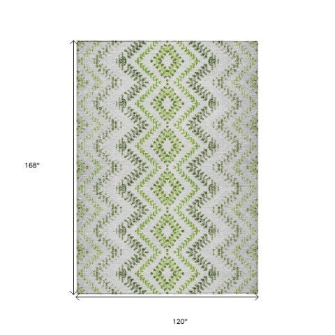 Homeroots 3' Stylish Green And Ivory Geometric Washable Area Rug For Indoor And Outdoor Spaces, Durable Design 10' X 14' Polyester 581544