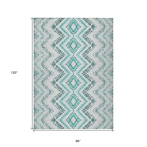 Homeroots 3' Stylish Green And Ivory Geometric Washable Area Rug For Indoor And Outdoor Spaces, Durable Design 8' X 10' Polyester 581560