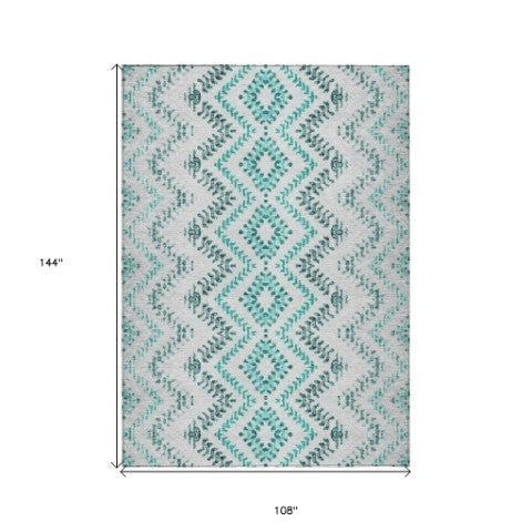 Homeroots 3' Stylish Green And Ivory Geometric Washable Area Rug For Indoor And Outdoor Spaces, Durable Design 9' X 12' Polyester 581561