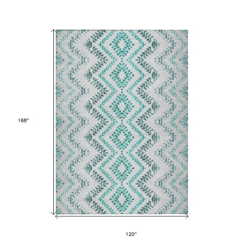 Homeroots 3' Stylish Green And Ivory Geometric Washable Area Rug For Indoor And Outdoor Spaces, Durable Design 10' X 14' Polyester 581562