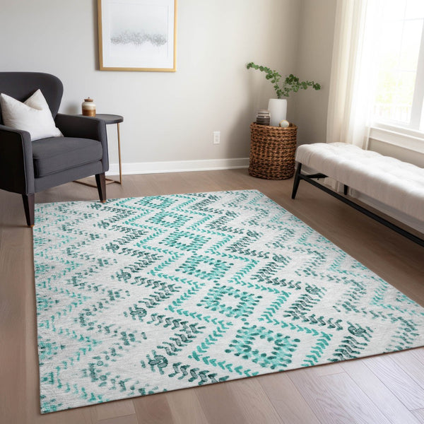 Homeroots 3' Stylish Green And Ivory Geometric Washable Area Rug For Indoor And Outdoor Spaces, Durable Design 10' X 14' Polyester 581562