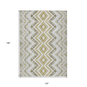 Homeroots 3' Stylish Green And Ivory Geometric Washable Area Rug For Indoor And Outdoor Spaces, Durable Design 10' X 14' Polyester 581568