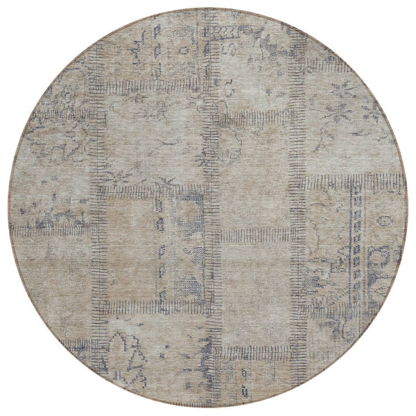 HomeRoots 5' Durable Beige Taupe Brown Patchwork Area Rug - Washable, Versatile for Indoor & Outdoor Use 8' Round 581571