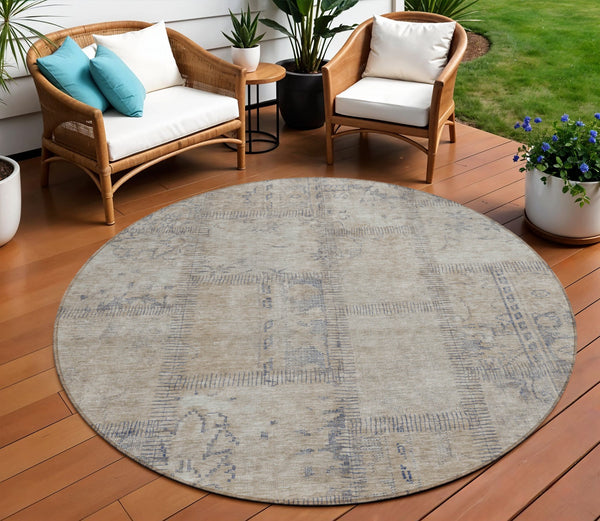 Homeroots 3' Beige Taupe And Brown Patchwork Washable Area Rug For Indoor Or Outdoor Spaces, Stylish & Durable 8' Round Polyester 581571