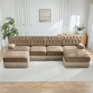 English Elm 4-seater Modular Sectional with Ottomans Tufted Fleece Sofa Tassel Skirt Retro Luxe Camel W714S01701