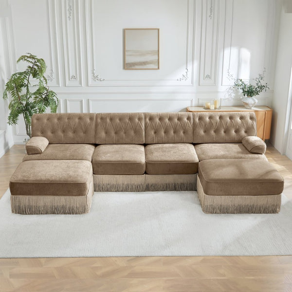 English Elm 4-seater Modular Sectional with Ottomans Tufted Fleece Sofa Tassel Skirt Retro Luxe Camel W714S01701