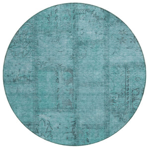 HomeRoots 5' Vibrant Teal Blue Aqua Patchwork Washable Area Rug for Indoor & Outdoor Spaces, Stain-Resistant 8' Round 581619