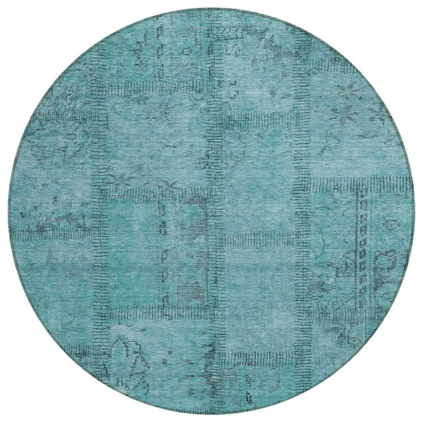 HomeRoots 5' Vibrant Teal Blue Aqua Patchwork Washable Area Rug for Indoor & Outdoor Spaces, Stain-Resistant 8' Round 581619