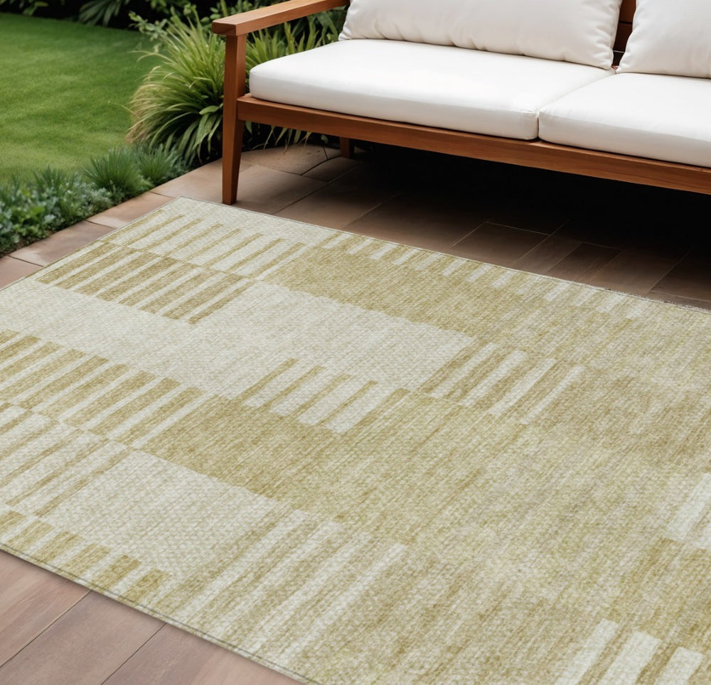 HomeRoots 9' Beige and Ivory Striped Washable Area Rug for Indoor and Outdoor Spaces - Durable and Stylish 9' X 12' 581639
