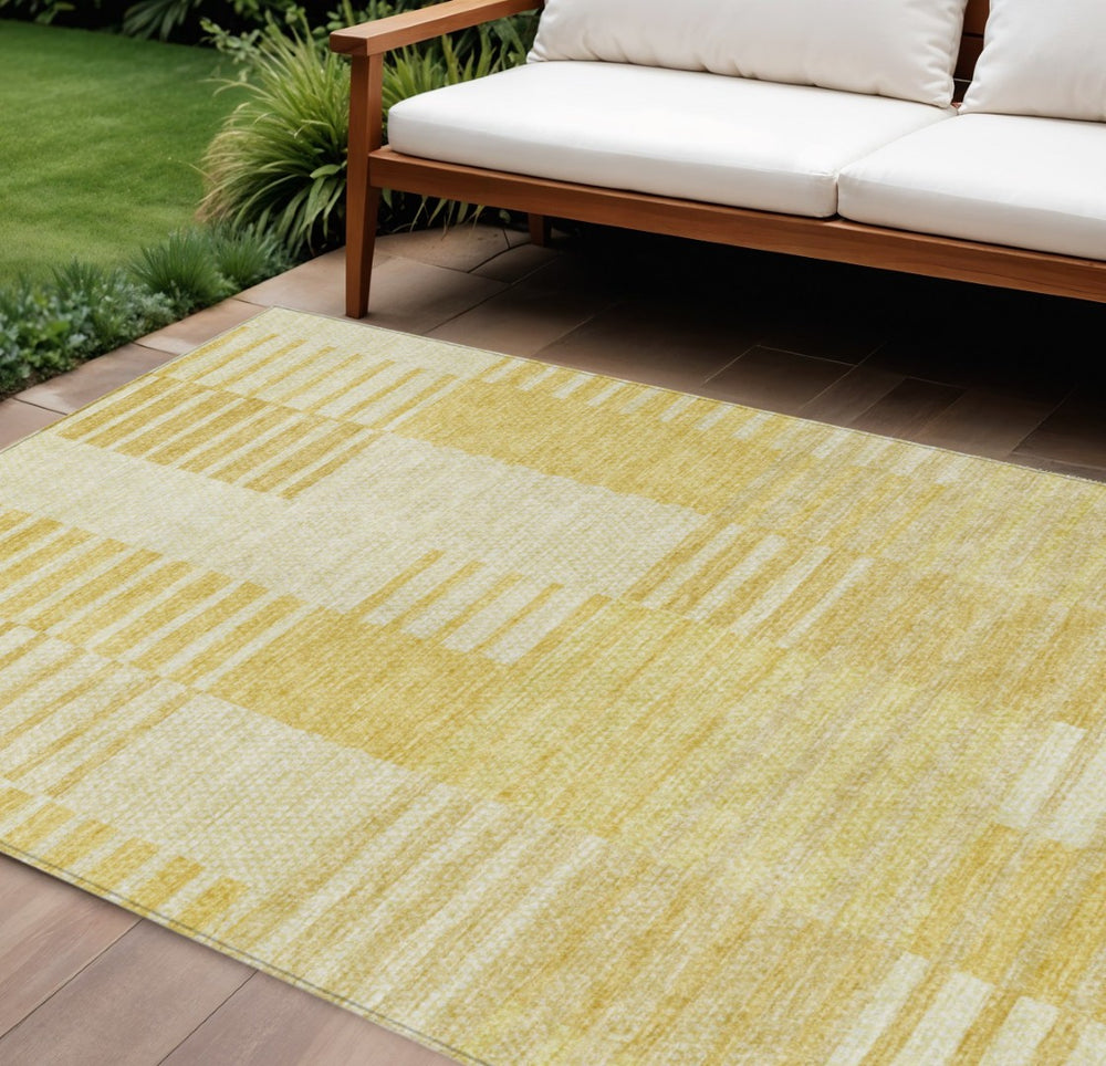 HomeRoots 9' Gold Wheat and Ivory Striped Area Rug - Durable, Washable Design for Stylish Indoor/Outdoor Spaces 9' X 12' 581651