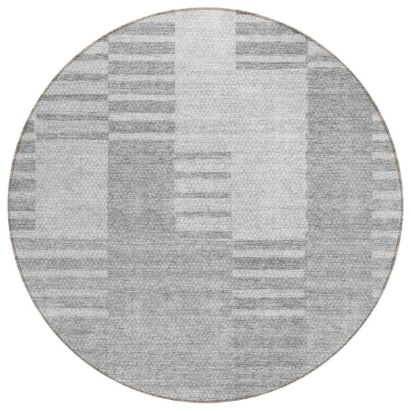 HomeRoots 5' Stylish Silver Gray and Ivory Striped Area Rug - Durable, Washable, Indoor/Outdoor Use for All Spaces 8' Round 581673