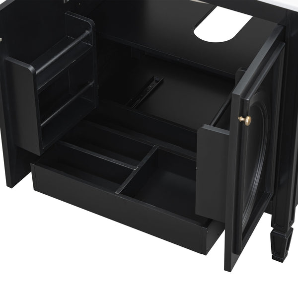 English Elm Christopher Knight Home® - 30" Bathroom Vanity with Sink Vintage Freestanding Ceramic Top Soft-Close Doors Gold Knobs, Storage Black N759P226000B