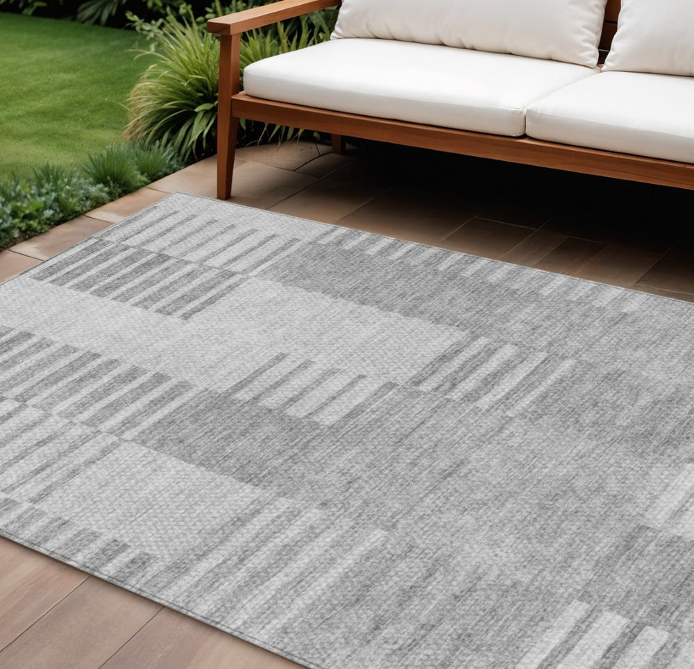 HomeRoots 9' Silver Gray and Ivory Striped Area Rug - Stylish, Washable, Durable for Indoor and Outdoor Use 9' X 12' 581675