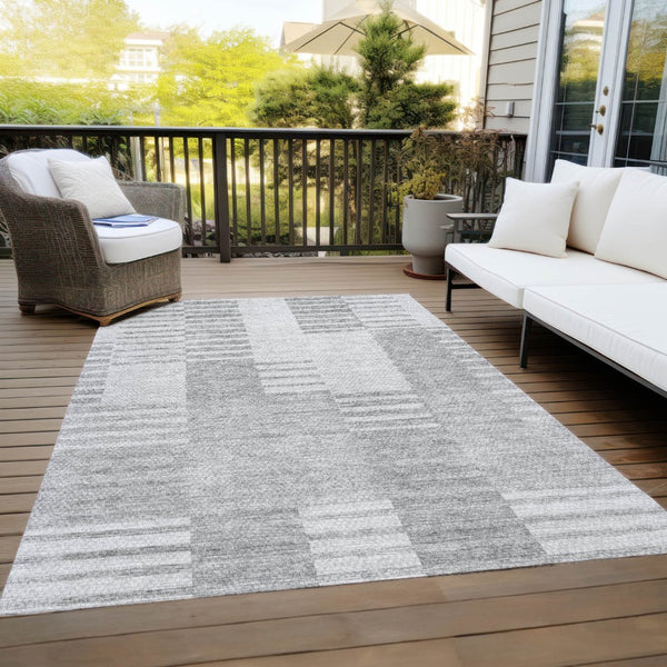 HomeRoots 5' Stylish Silver Gray and Ivory Striped Area Rug - Durable, Washable, Indoor/Outdoor Use for All Spaces 10' X 14' 581676