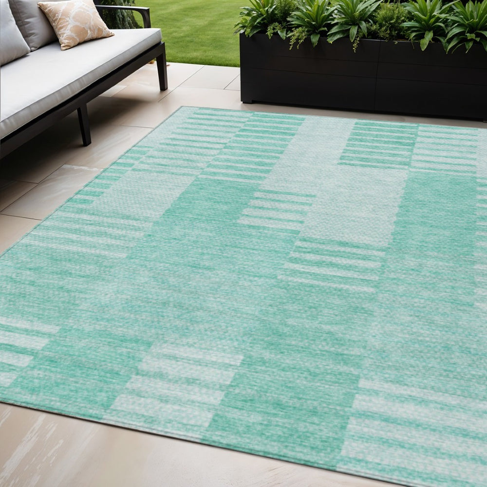 HomeRoots 5' Indoor Outdoor Area Rug in Teal Blue, Aqua & Ivory Stripes - Durable, Washable & Stylish Design 5' X 8' 581678