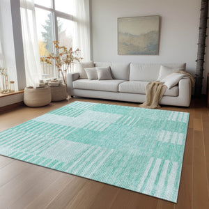 Homeroots 3' Stylish Artichoke Green And Mint Striped Washable Indoor-outdoor Area Rug For All Spaces 8' X 10' Polyester 581680