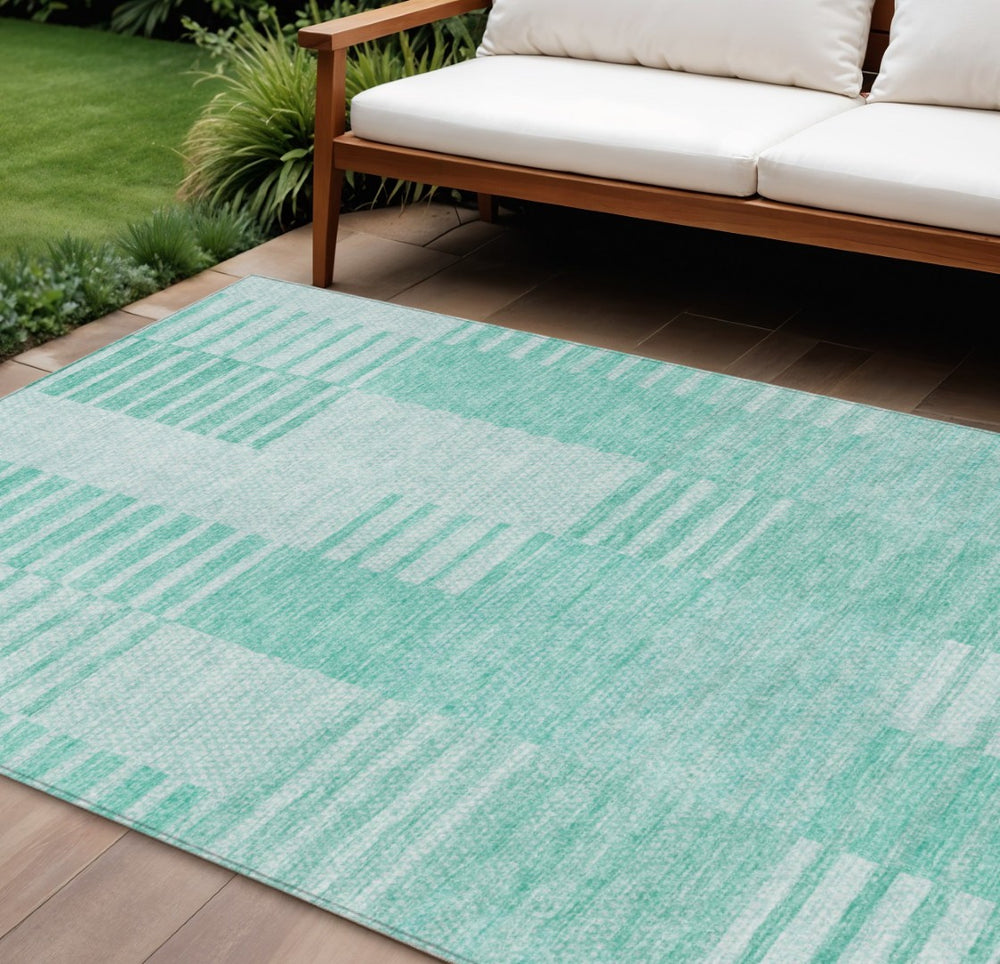 HomeRoots 9' Teal Blue Aqua and Ivory Striped Indoor Outdoor Area Rug – Durable, Stylish, and Easy to Clean 9' X 12' 581681