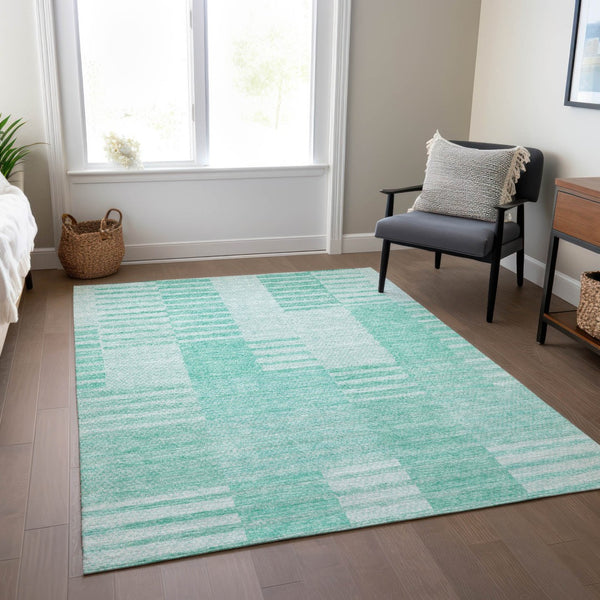 Homeroots 3' Stylish Artichoke Green And Mint Striped Washable Indoor-outdoor Area Rug For All Spaces 10' X 14' Polyester 581682