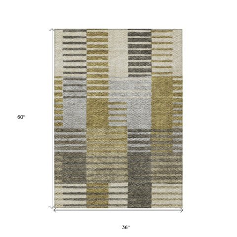 Homeroots 3' Brown Gold Taupe Striped Washable Area Rug - Perfect For Indoor And Outdoor Spaces, Durable Design 3' X 5' Polyester 581683