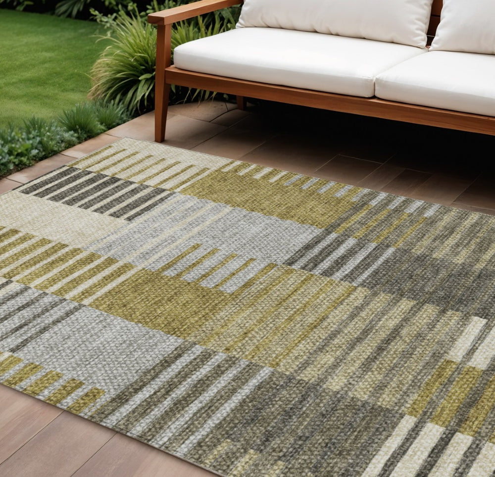 HomeRoots 9' Striped Area Rug in Brown, Gold, and Taupe - Durable, Washable Design for Indoor and Outdoor Use 9' X 12' 581687