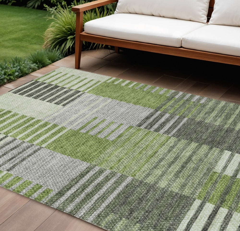 HomeRoots 9' Stylish Green and Olive Striped Washable Rug for Indoor and Outdoor Spaces - Durable Comfort! 9' X 12' 581699