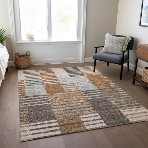 Homeroots 3' Brown Gold Taupe Striped Washable Area Rug - Perfect For Indoor And Outdoor Spaces, Durable Design 3' X 5' Polyester 581701