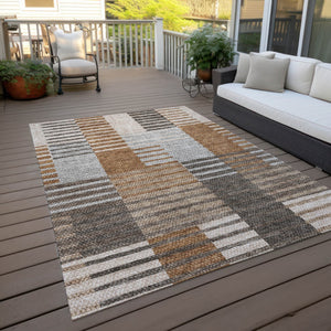 Homeroots 3' Brown Gold Taupe Striped Washable Area Rug - Perfect For Indoor And Outdoor Spaces, Durable Design 5' X 8' Polyester 581702