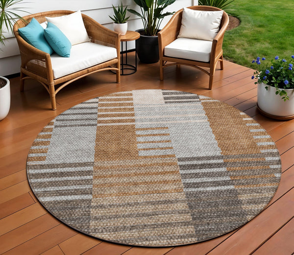 Homeroots 3' Brown Gold Taupe Striped Washable Area Rug - Perfect For Indoor And Outdoor Spaces, Durable Design 8' Round Polyester 581703