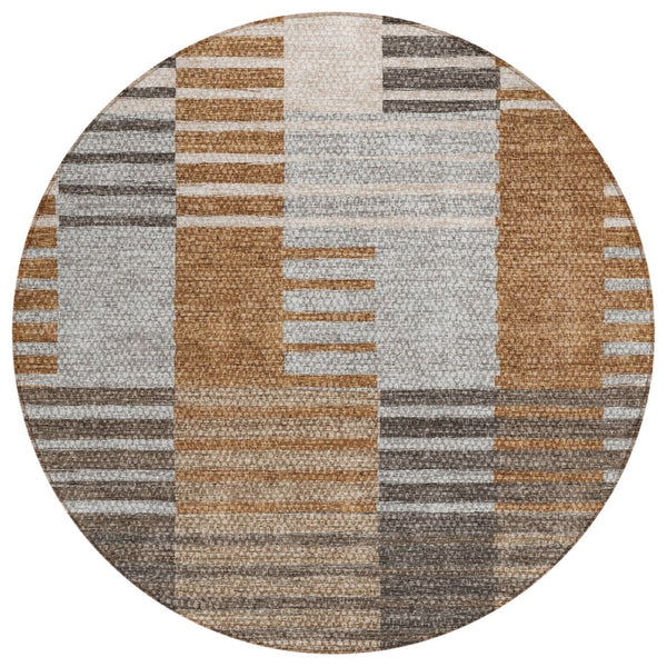 HomeRoots 5' Chocolate and Gray Striped Washable Area Rug – Stylish, Durable for Indoor and Outdoor Spaces 8' Round 581703