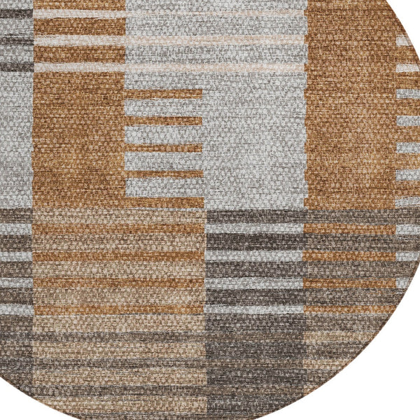 Homeroots 3' Brown Gold Taupe Striped Washable Area Rug - Perfect For Indoor And Outdoor Spaces, Durable Design 8' Round Polyester 581703