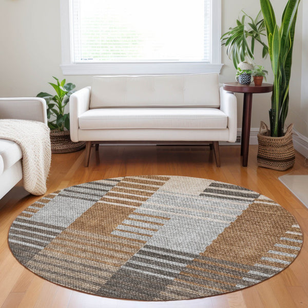 Homeroots 3' Brown Gold Taupe Striped Washable Area Rug - Perfect For Indoor And Outdoor Spaces, Durable Design 8' Round Polyester 581703